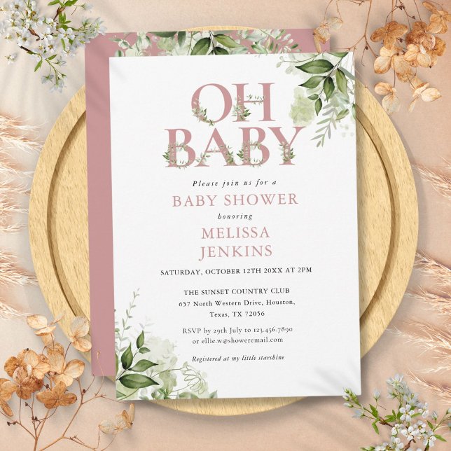 Oh Baby Botanical Greenerenery Dusty Rose Babydusc Einladung (Oh Baby Botanical Greenery Dusty Rose Baby Shower Invitation)