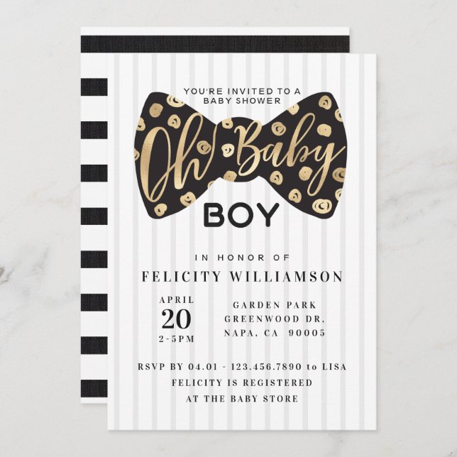 Oh Baby Boy Black & Gold Bow Krawatte Babyduschkar Einladung (Vorne/Hinten)