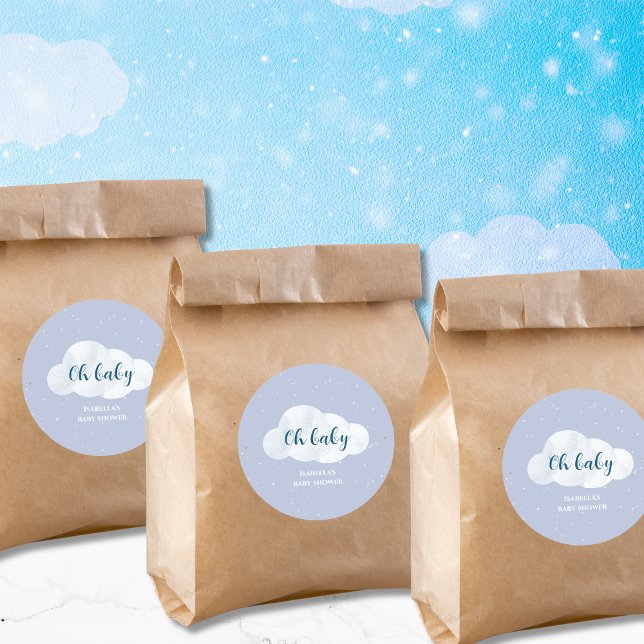 Oh Baby Boy Blue Clouds Sky Stars Baby Dusche Runder Aufkleber (oh baby clouds boy baby shower blue stars sky)