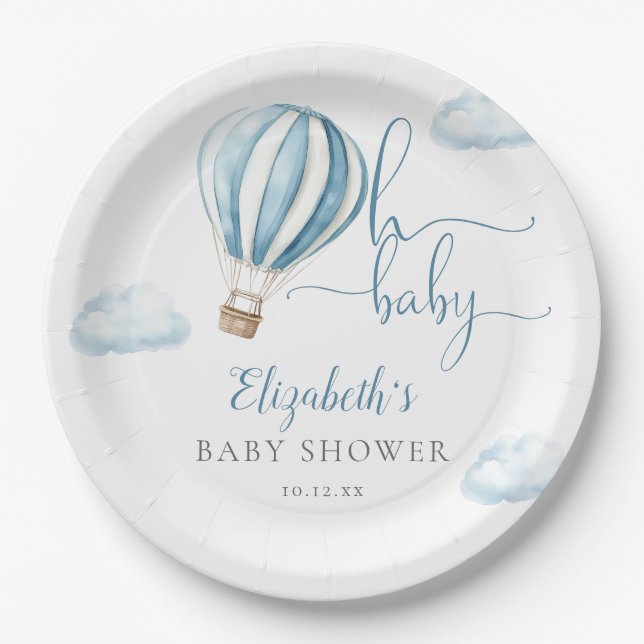 Oh Baby Boy Blue Hot Air Ballon Babydusche Pappteller (Vorderseite)