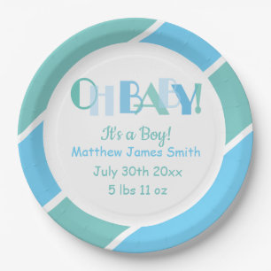 Oh Baby Boy Blue Typografy Baby Shower Pappteller