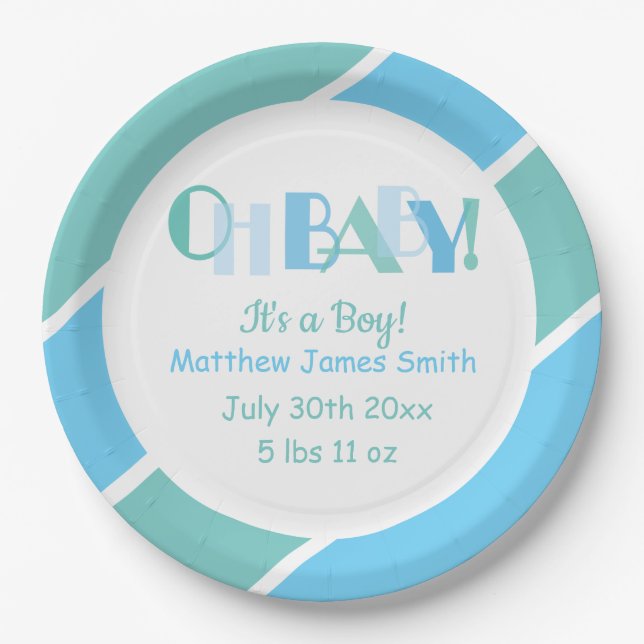 Oh Baby Boy Blue Typografy Baby Shower Pappteller (Vorderseite)