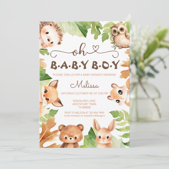 Oh Baby Boy Charming Woodland Babydusche Einladung (Stehend Vorderseite)