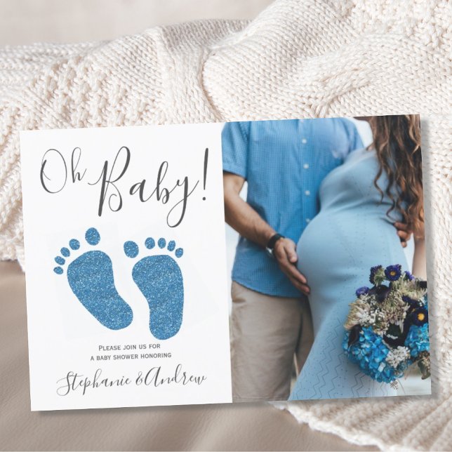 Oh Baby Boy Couples Photo Blue Baby Shower Einladung (Von Creator hochgeladen)