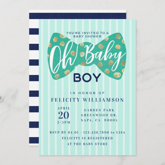 Oh Baby Boy Green & Navy Bow Krawatte Einladung (Vorne/Hinten)