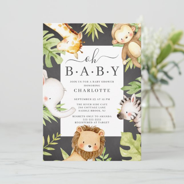 Oh Baby Boy Jungle Baby Dusche Einladung (Stehend Vorderseite)