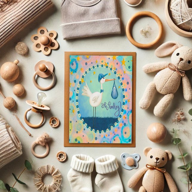 Oh Baby Boy Stork Whimsical Niedlich Blue Karte (Von Creator hochgeladen)
