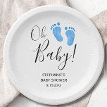 Oh Baby Boy's Baby Dusche Pappteller<br><div class="desc">Die Baby-Duschpapier-Teller dieser niedlichen Jungen sind mit modernen Schriftzeichen und Aquarellbeinen in Pastellblau dekoriert. Einfach anpassbar. Original Wasserfarbe © Michele Davies.</div>