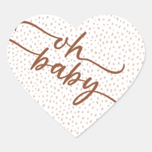"Oh Baby" Braun Script & Beige Dots Babydusche Herz-Aufkleber