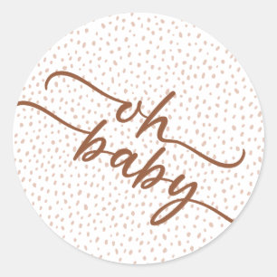 "Oh Baby" Braun Script & Beige Dots Babydusche Runder Aufkleber