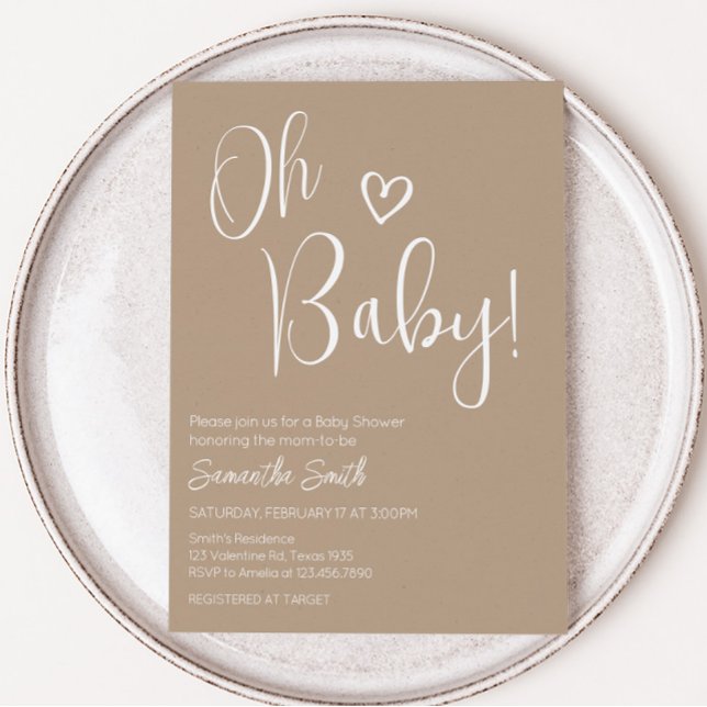 Oh Baby Brown Minimalistisch Baby Dusche Einladung (Brown Minimalist Heart Baby Shower Invitation)