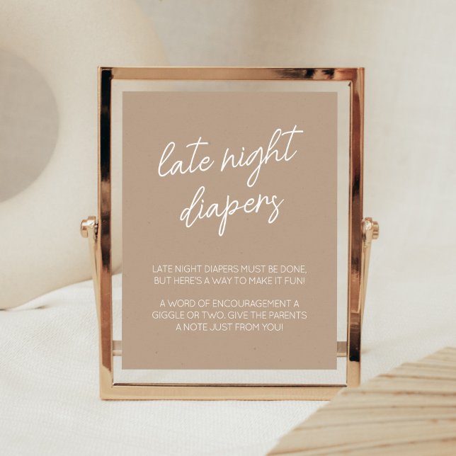 Oh Baby Brown Minimalistisch Spate Night Diapers Poster (Brown Minimalist Heart Baby Shower Late Night Diapers Sign)
