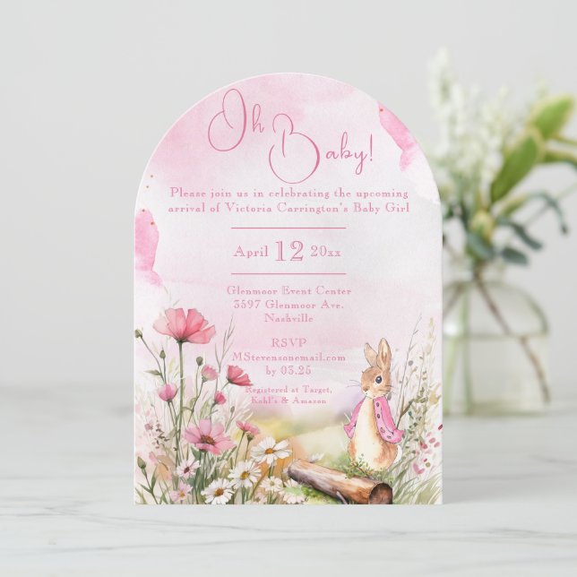 Oh Baby Bunny Rabbit Pink Aquarell Babydusche Einladung (Stehend Vorderseite)