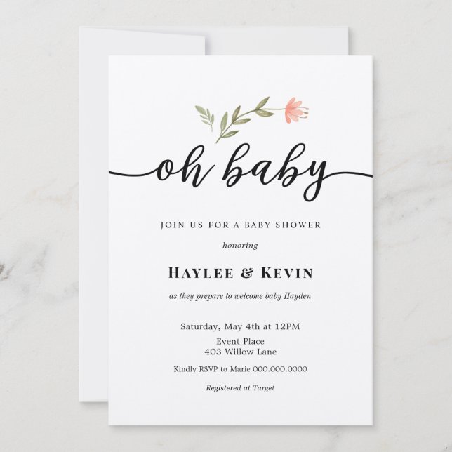 "Oh Baby" Calligraphy Baby Shower Einladung (Vorderseite)