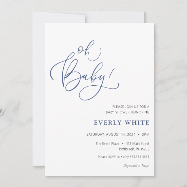 "Oh Baby" Calligraphy Blue Baby Shower Einladung (Vorderseite)