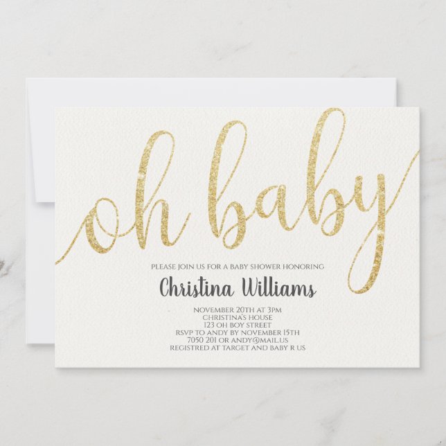 Oh Baby Calligraphy Gold Glitzer Girl Baby Dusche Einladung (Vorderseite)