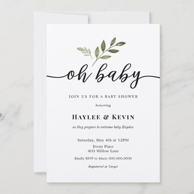 "Oh Baby" Calligraphy Green Shower Einladung (Vorderseite)