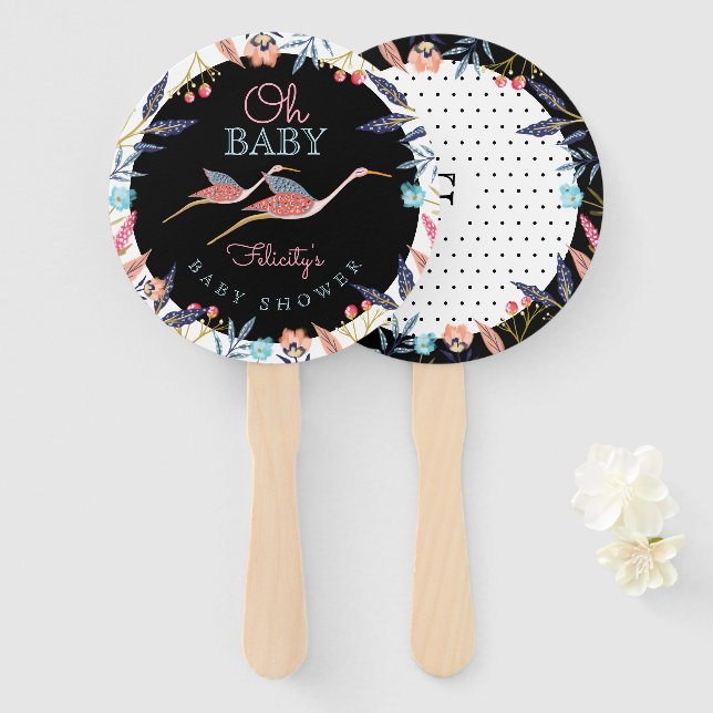Oh Baby | Chic Floral Botanical Stork Baby Shower Fächer (Vorne und Hinten)