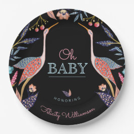 Oh Baby | Chic Floral Botanical Stork Baby Shower Pappteller
