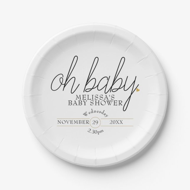 Oh Baby Chic Script Gold Heart Baby Dusche Pappteller (Vorderseite)