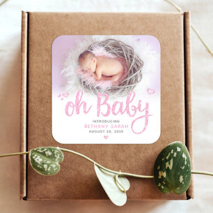 Oh Baby Chic Sweet Modern Pink Girl Birth Foto Quadratischer Aufkleber
