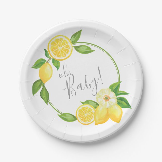 Oh Baby Citrus Lemon Floral Wreath Baby Dusche Pappteller (Vorderseite)