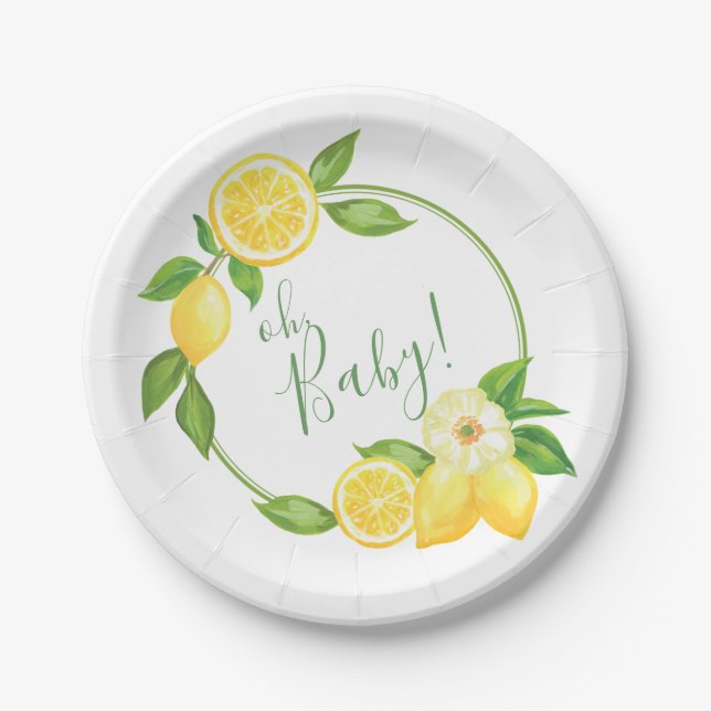 Oh Baby Citrus Lemon Floral Wreath Baby Shower Pap Pappteller (Vorderseite)