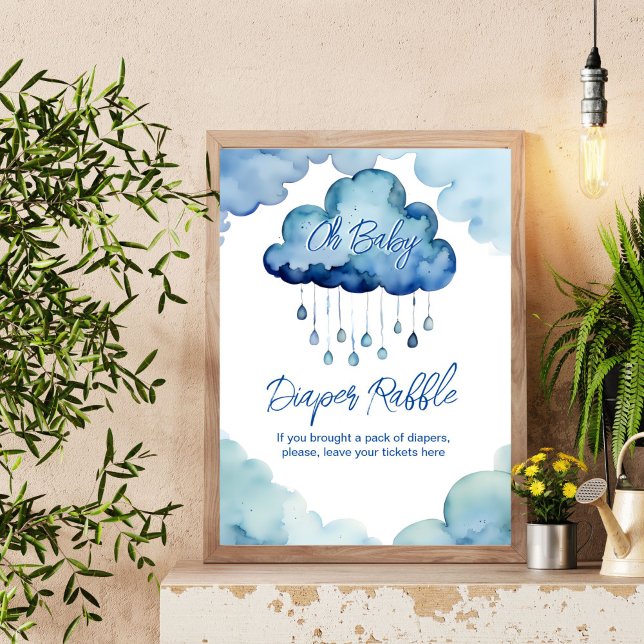 Oh Baby Cloud Baby Duschdiapter Poster (Oh Baby cloud baby shower diaper raffle sign cute blue whimsical cloud with raindrops  table sign)