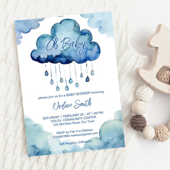 Oh Baby Cloud Baby Duschvorschau Einladung (Oh Baby cloud baby shower template invitation digital download cute blue clouds raindrops whimsical)