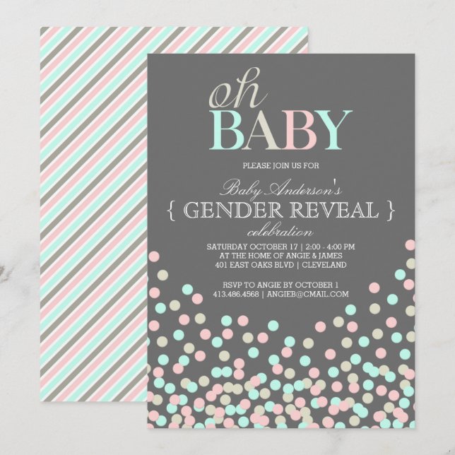 Oh Baby Confetti Gender Reveal Party | Blaurosa Einladung (Vorne/Hinten)