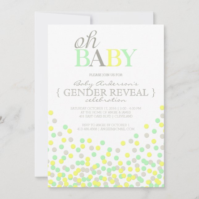 Oh Baby Confetti Gender Reveal Party | Gelbes Aqua Einladung (Vorderseite)