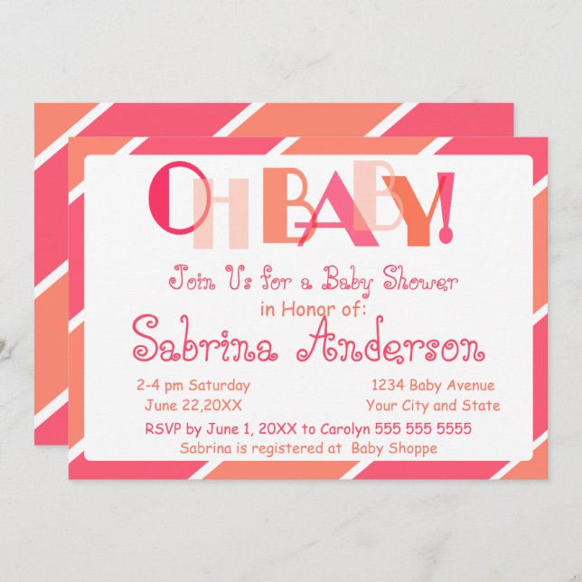 Oh Baby Coral Moderne Whimsical Baby Dusche Einladung (Vorne/Hinten)