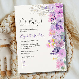 Oh Baby, Cute Baby Shower Purple Spring Flowers Einladung