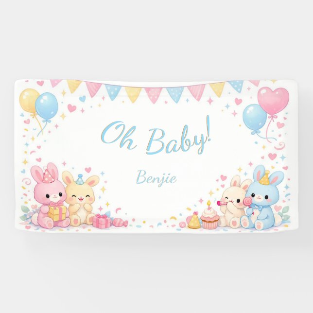 Oh Baby Cute Bunny Pastel Baby Shower Boy Banner (Horizontal)