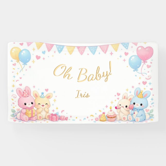 Oh Baby, Cute Bunny Pastel Gender Neutral Shower  Banner (Horizontal)