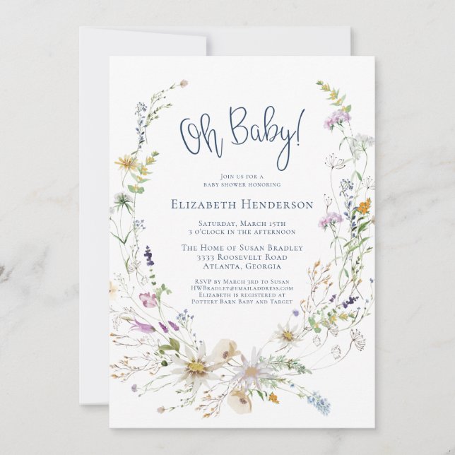 Oh Baby Delicate Watercolor Wildblume Babydusche Einladung (Vorderseite)