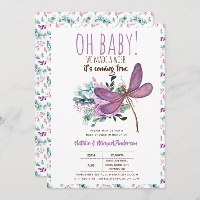 Oh Baby DRAGONFLY machen eine Wunschdusche floral Einladung (Vorne/Hinten)