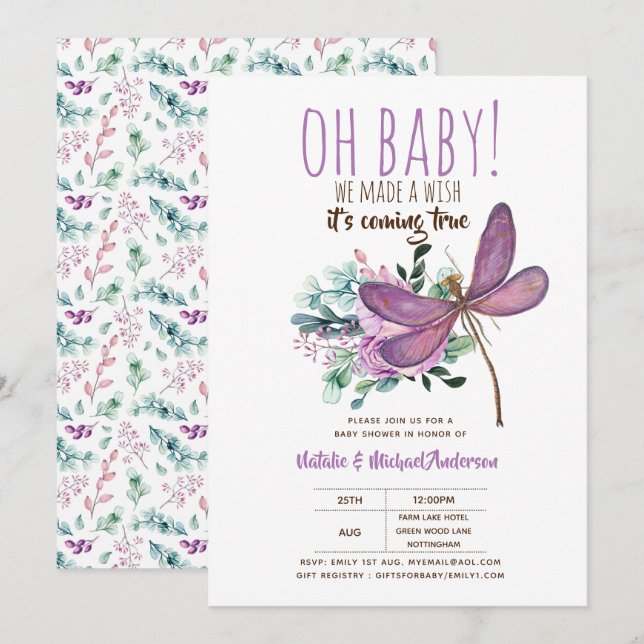 Oh Baby DRAGONFLY machen eine Wunschdusche floral Einladung (Vorne/Hinten)