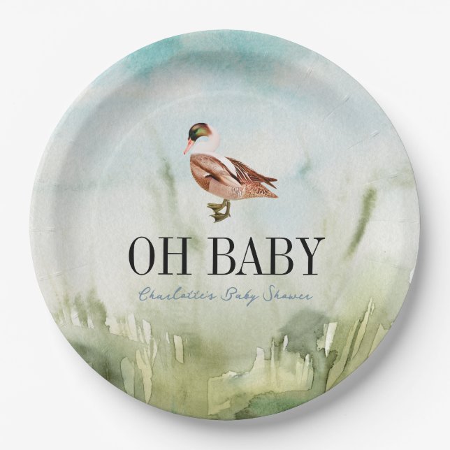 Oh Baby Duck/Mallard Watercolor Boy Babydusche Pappteller (Vorderseite)