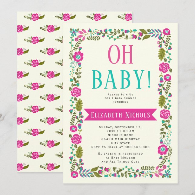 Oh Baby Dusche Aqua, rosa moderne Blumengrenze Einladung (Vorne/Hinten)