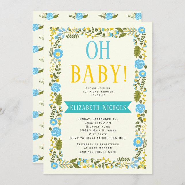 Oh Baby Dusche Aqua und gelbe Blumengrenze Einladung (Vorne/Hinten)