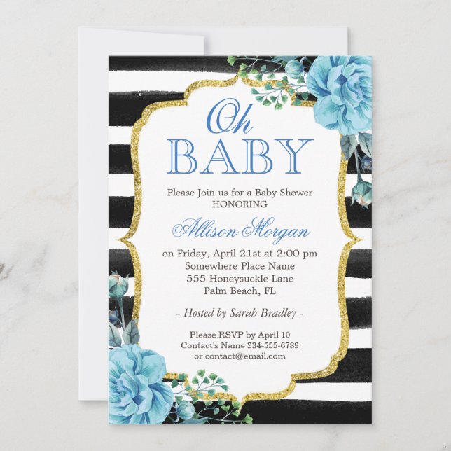 Oh Baby Dusche Blue Floral Gold Streifen Einladung (Vorderseite)