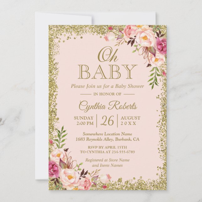 Oh Baby Dusche - Blush Pink Gold Glitzer Blütendus Einladung (Vorderseite)