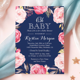 Oh Baby Dusche Botanische Blumenstrauß Navy Blau Einladung