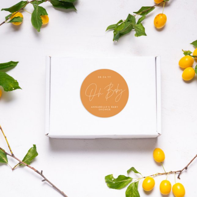 Oh Baby Dusche Drehbuch moderne orange elegant Runder Aufkleber (Von Creator hochgeladen)