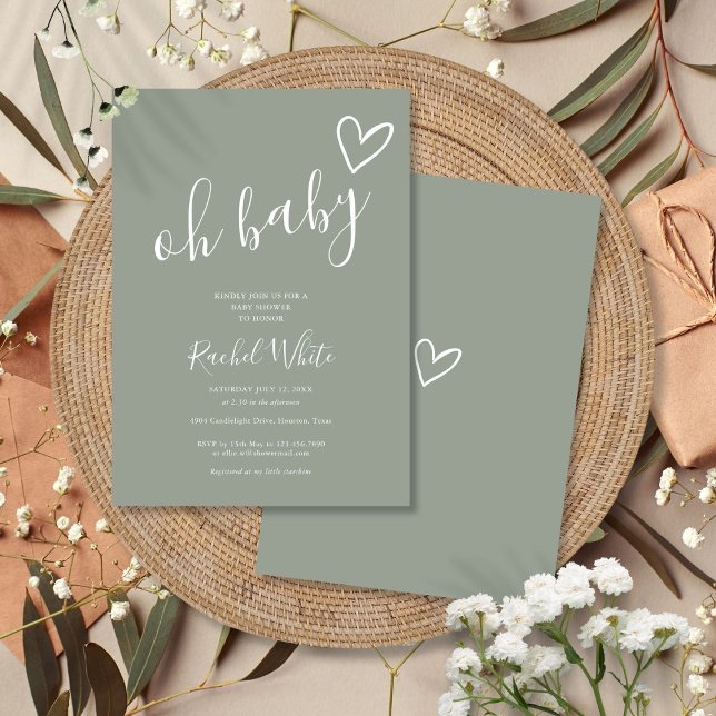 Oh Baby Dusche Herzbeutel Grün Minimalistisch Einladung (Oh Baby Shower Heart Sage Green Minimalist Invitation)
