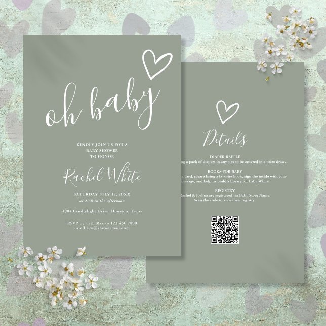 Oh Baby Dusche in einem neutralen Gehäuse grün Einladung (Oh Baby Shower All In One Neutral Sage Green Invitation)
