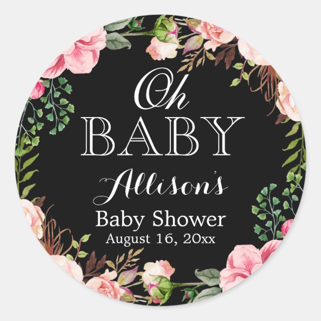 Oh Baby Dusche Moderne romantische Blumendekor Runder Aufkleber (Vorderseite)