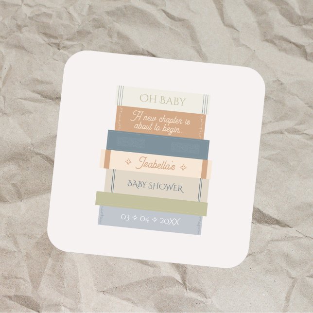 Oh Baby Dusche Neues Kapitel Storybook Buchstapel Quadratischer Aufkleber (Oh Baby Shower New Chapter Storybook Book Stack Square Sticker)