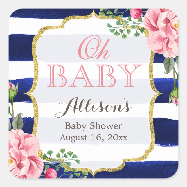 Oh Baby Dusche Niedlich rosa Blütenblau Streifen Quadratischer Aufkleber (Vorderseite)